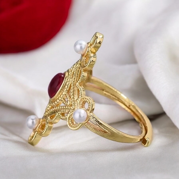 Queens Jewels!! Exquisite Ruby Cab Pearl Filigree Ring - Picture 3 of 4